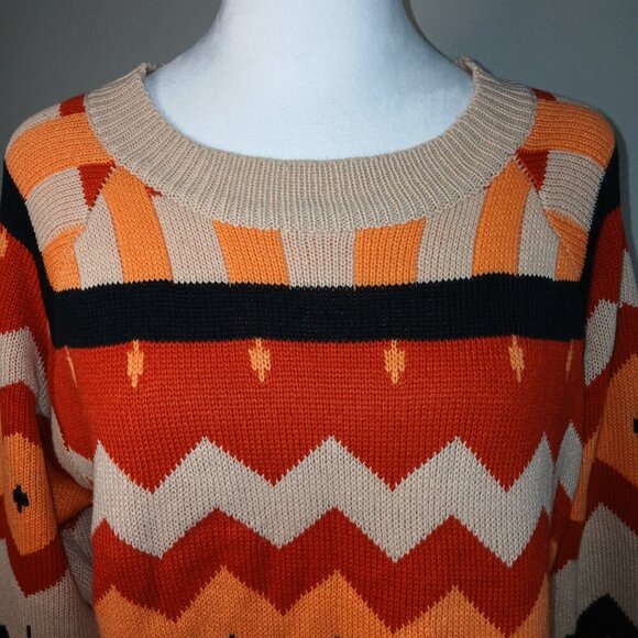 DEXTER ZIGZAG PATTERN SWEATER IN ORANGES BLACK AND CREAM LONG SLEEVE SIZE LARGE - Picture 6 of 6